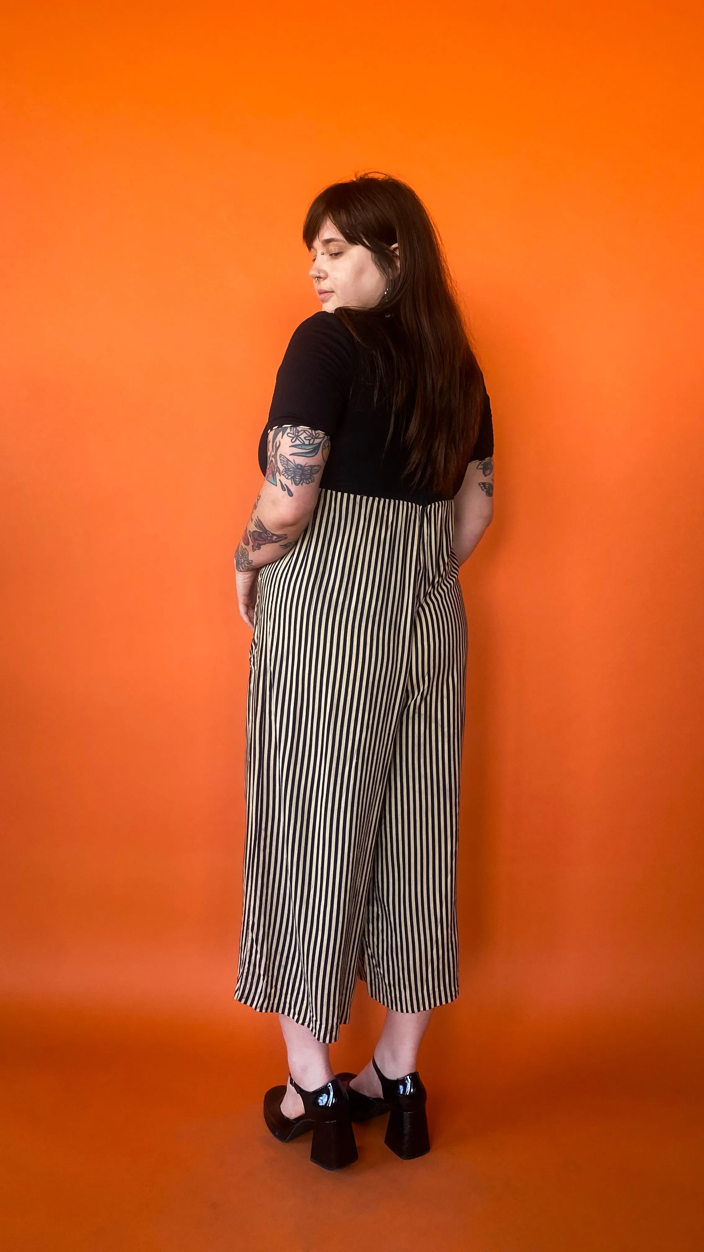 1990s Black & Cream Striped Jumpsuit, sz. 1XL/2XL