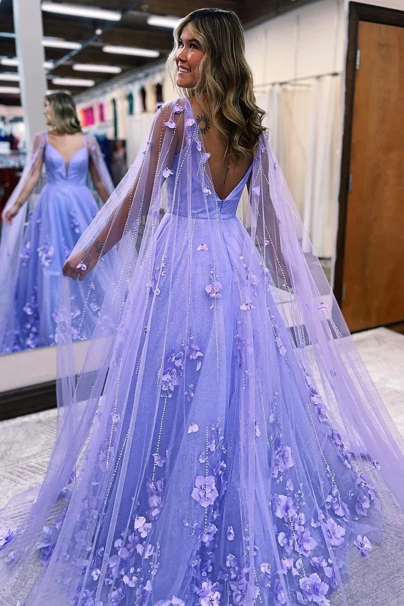 A-Line Lavender 3D Floral Lace Long Prom Dresses with Train