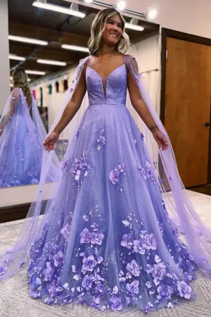 A-Line Lavender 3D Floral Lace Long Prom Dresses with Train