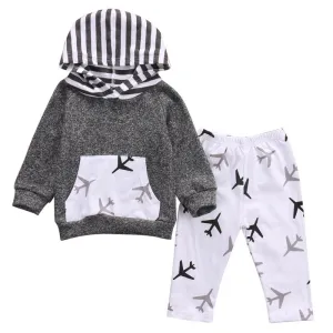 Baby Boy Black and Gray Airplane Hoodie and Pant Set