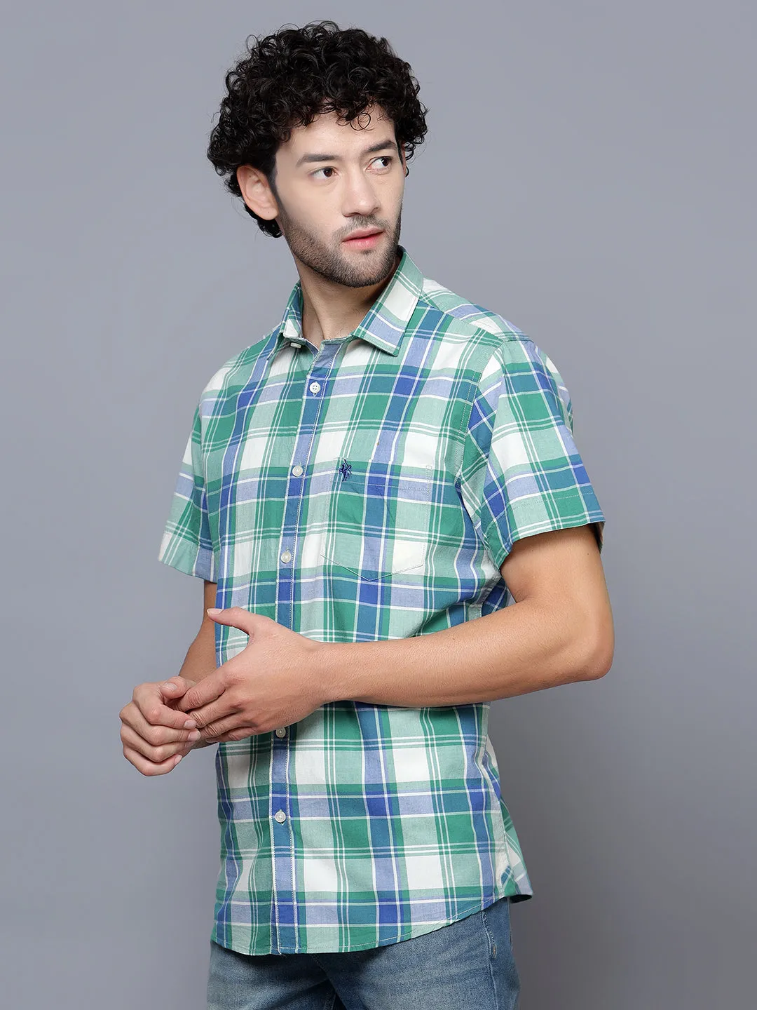 Cantabil Cotton Checkered Green Half Sleeve Casual Shirt for Men with Pocket