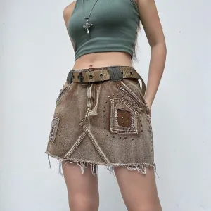 Fairy Grunge Distressed Patchwork Mini Skirt