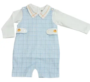 Fall Pumpkin Light Blue Plaid Pima Cotton Boy Shortall set