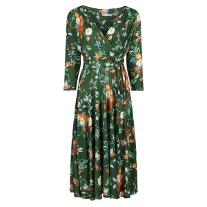 Green Floral & Bird Print 3/4 Sleeve Deep V Neck Wrap Top Tea Dress with Empire Waist