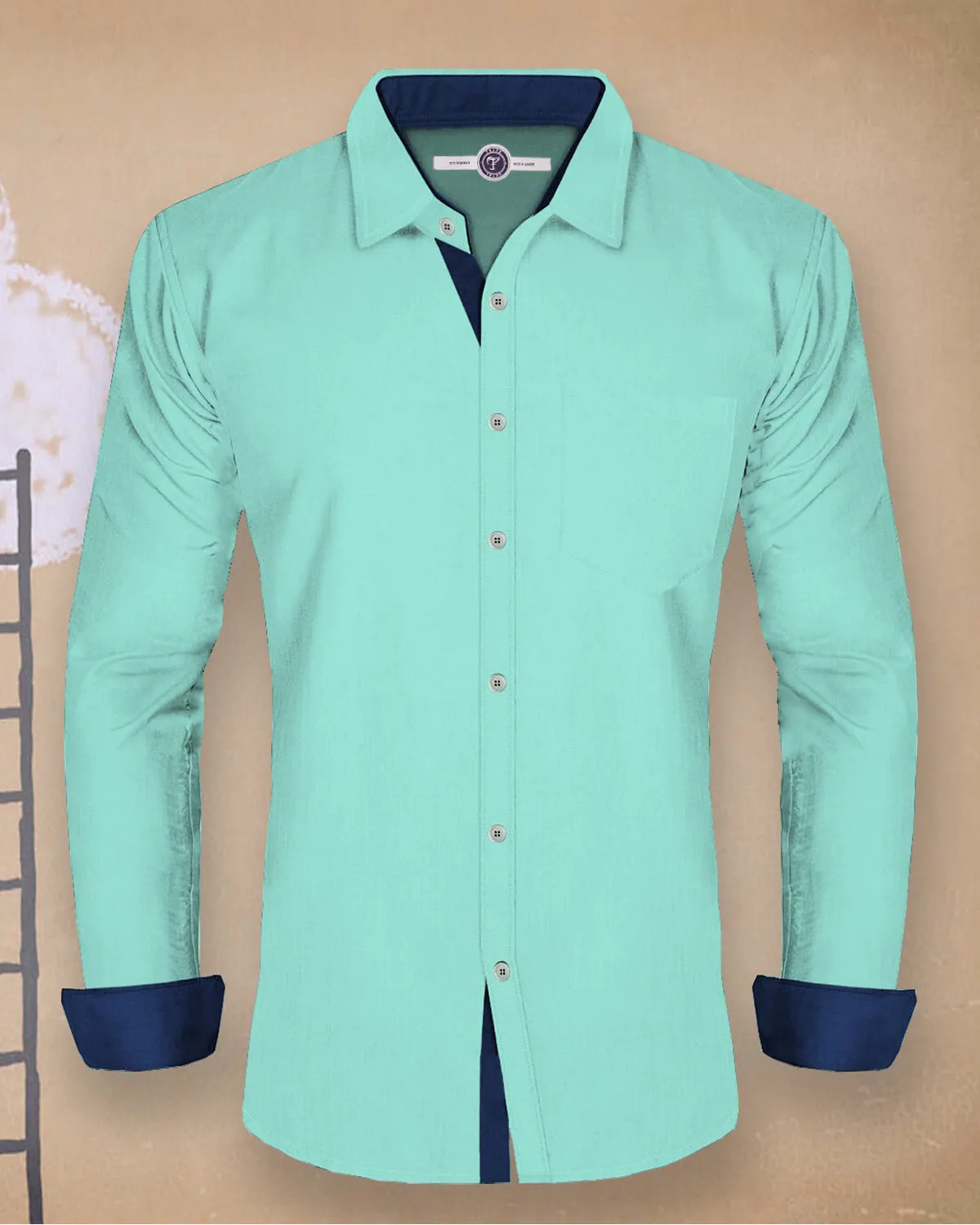 MEN PLAIN MINT GREEN WITH BLUE CONTRAST FULL HAND SHIRT