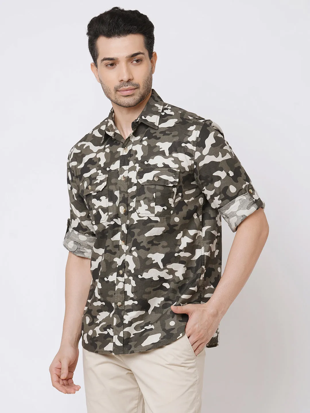 Men's Black Cotton Camo Printed 2 Pocket Regular Fit Shirt