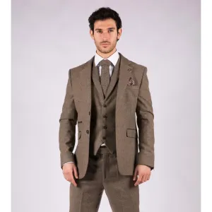 Mens Oak 3 Piece Tweed Suit Herringbone Wool Vintage Retro Fit