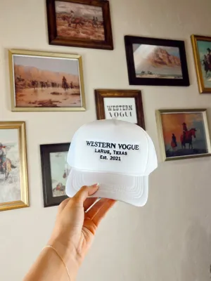 The EST. 2021 Western Vogue Trucker Hat in White