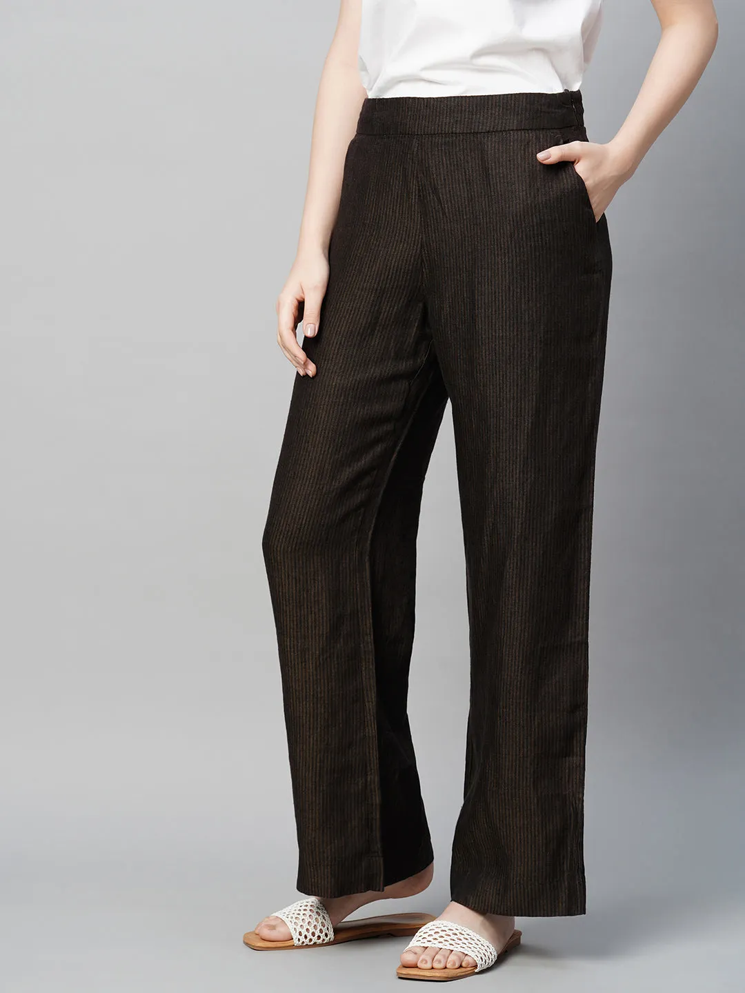 Women's Brown Linen Straight Fit Pant